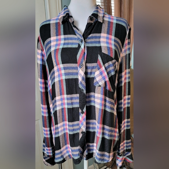 Rails Tops - Rails Hunter Button-Down Plaid Top Women's M Black Melon Aqua Gold Relaxed Fit